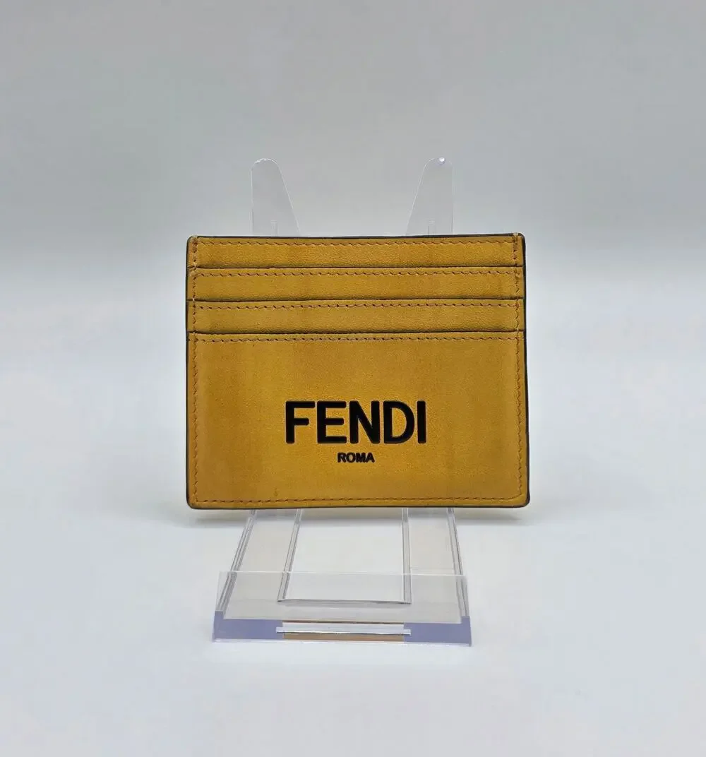 Fendi Roma Yellow Leather Logo Card Holder Credit Card Case Wallet Italy